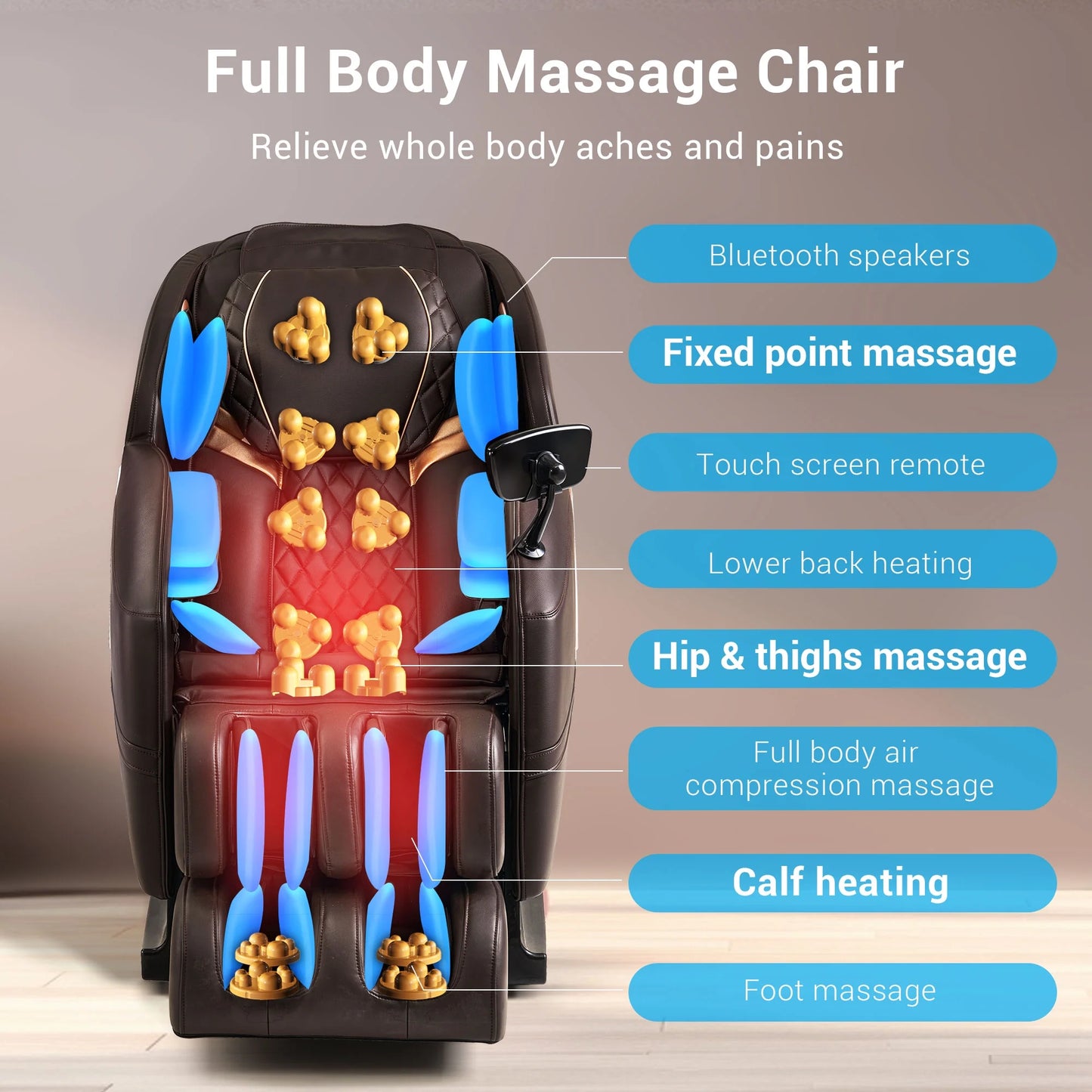 Mazzup Massage Chair Full Body, Shiatsu Zero Gravity Massage Chair with Fully Assembled, LCD Screen, Lower Back and Calf Heating, Air Compression, Brown (DP)