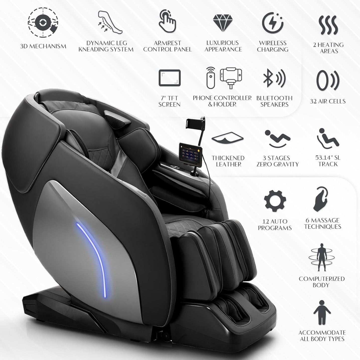 Mazzup 3D Massage Chair, Full Body Massage Chair, Zero Gravity Recliner w/Dynamic Leg Kneading System, 53.14" SL Track, Sleek Appearance, 12 Auto Modes, Wireless Charging, Bluetooth Speaker, TFT Screen