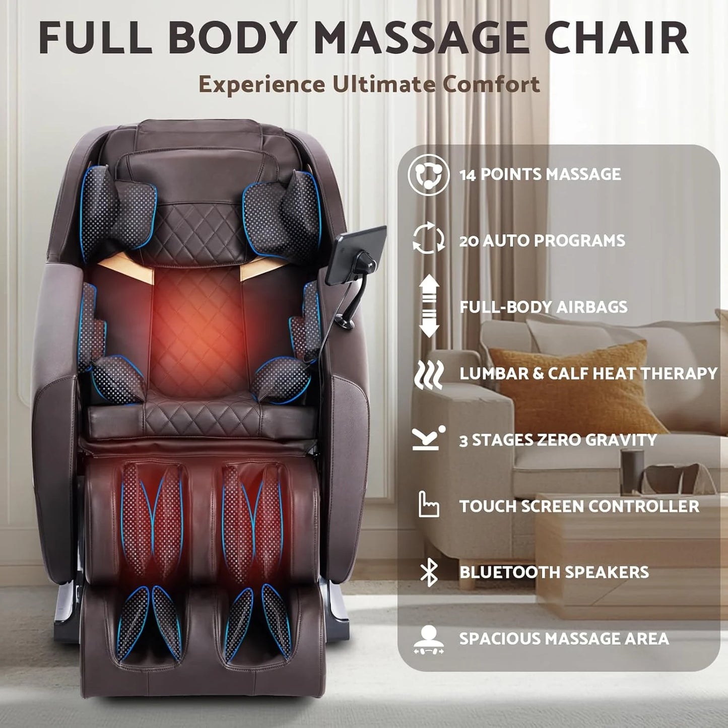 Mazzup Massage Chair Full Body , Zero Gravity Shiatsu Recliner with 14 Massage Points, Brown (DP)