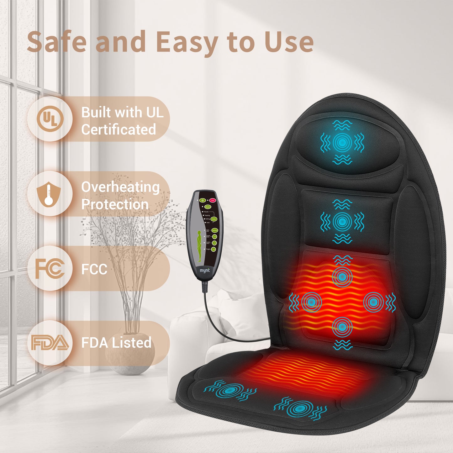 Mynt Back Massager Seat Cushion Massager with Heat, 8 Vibration Massage Nodes Massage Chair Pad for Home Office Chair (DP)