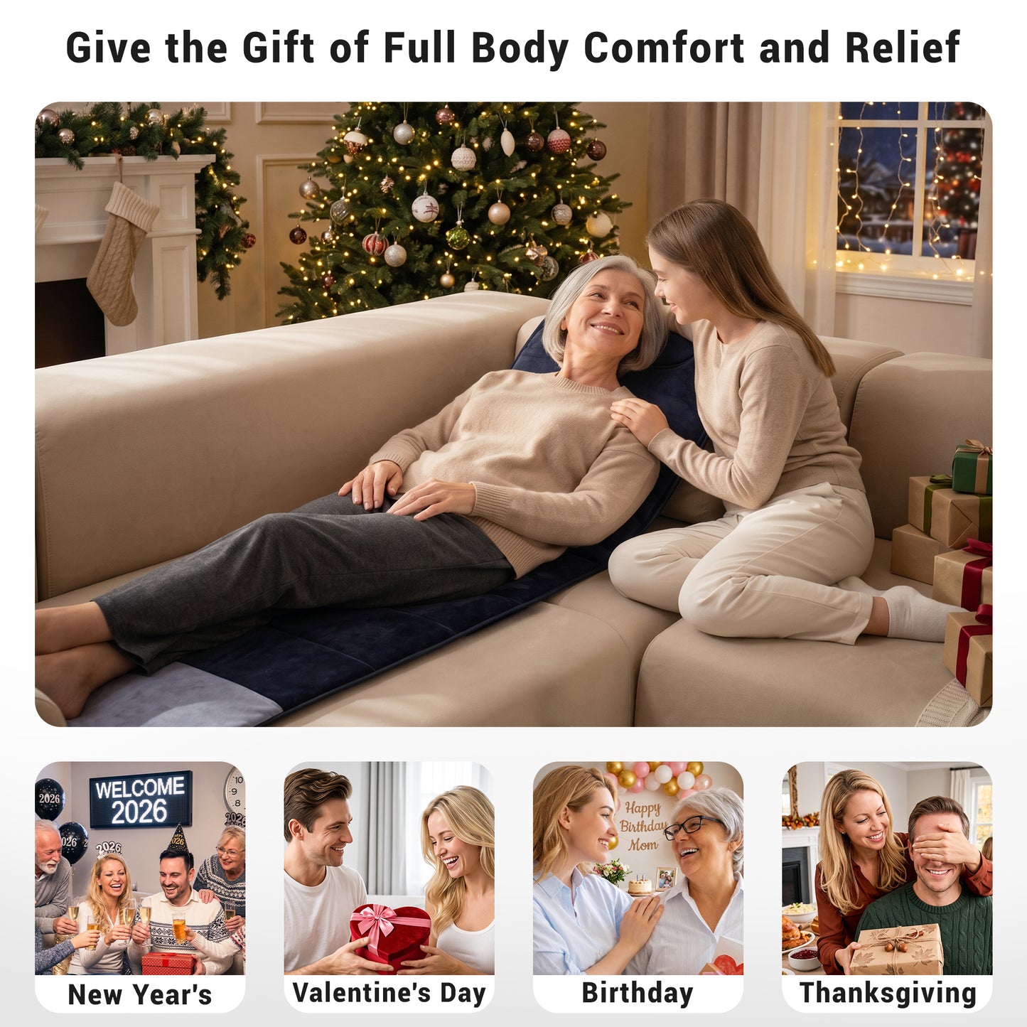 Mynt Full Body Massage Mat with Heat and Vibration, Back Massager Pad with 6 Motors & 2 Heating Levels, Adjustable Neck Pillow, Gifts for Men Women