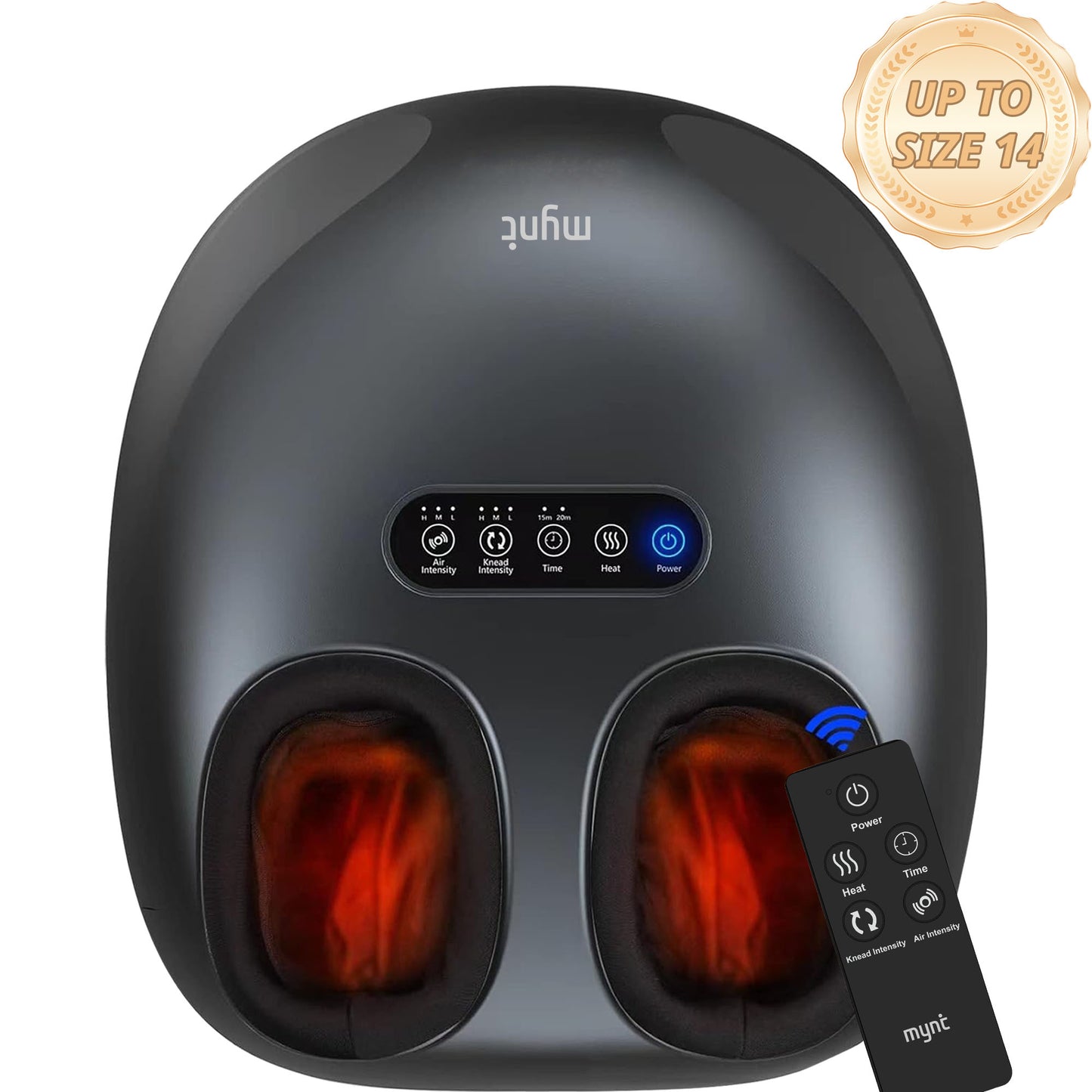 MYNT Shiatsu Foot Massager, Fits Up to Men Size 14, Kneading & Rolling, Air Compression, Wireless Remote, Black（DP)