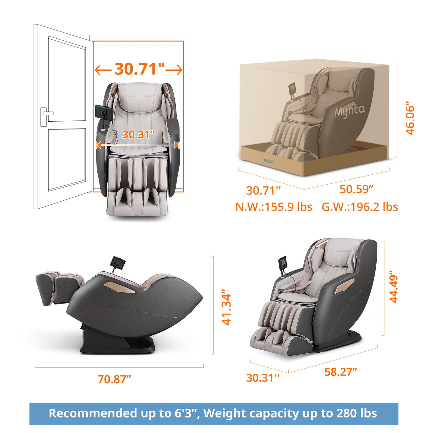 Mynta Zero Gravity Massage Chair, 170° Flexible Track with FootMassage, Gray