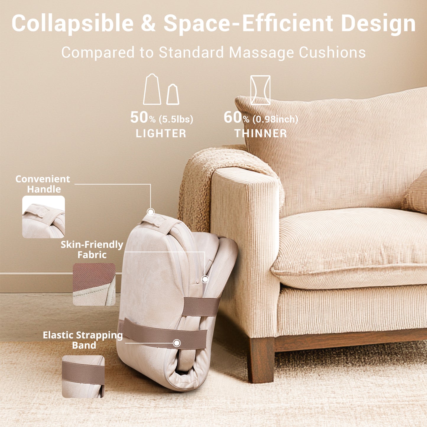 Mynt Back Massager with Heat, Foldable Shiatsu Seat Massage Cushion for Home/Office, Brown (DP)