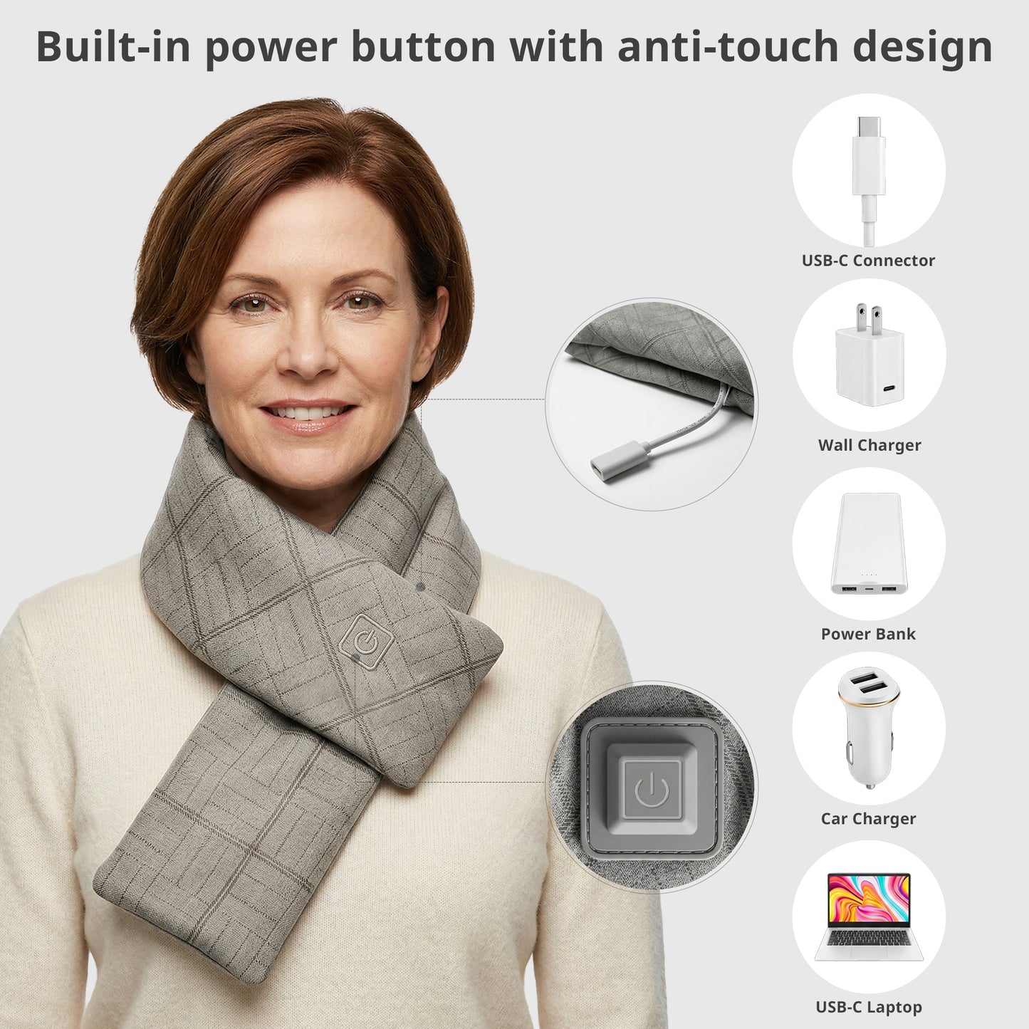 Mynt Graphene Heated Scarf, Heating Pad for Neck, Fast Heating Portable Neck Warmer with 3 Heat Levels, Winter Gift for Men/Women, Gray (DP)