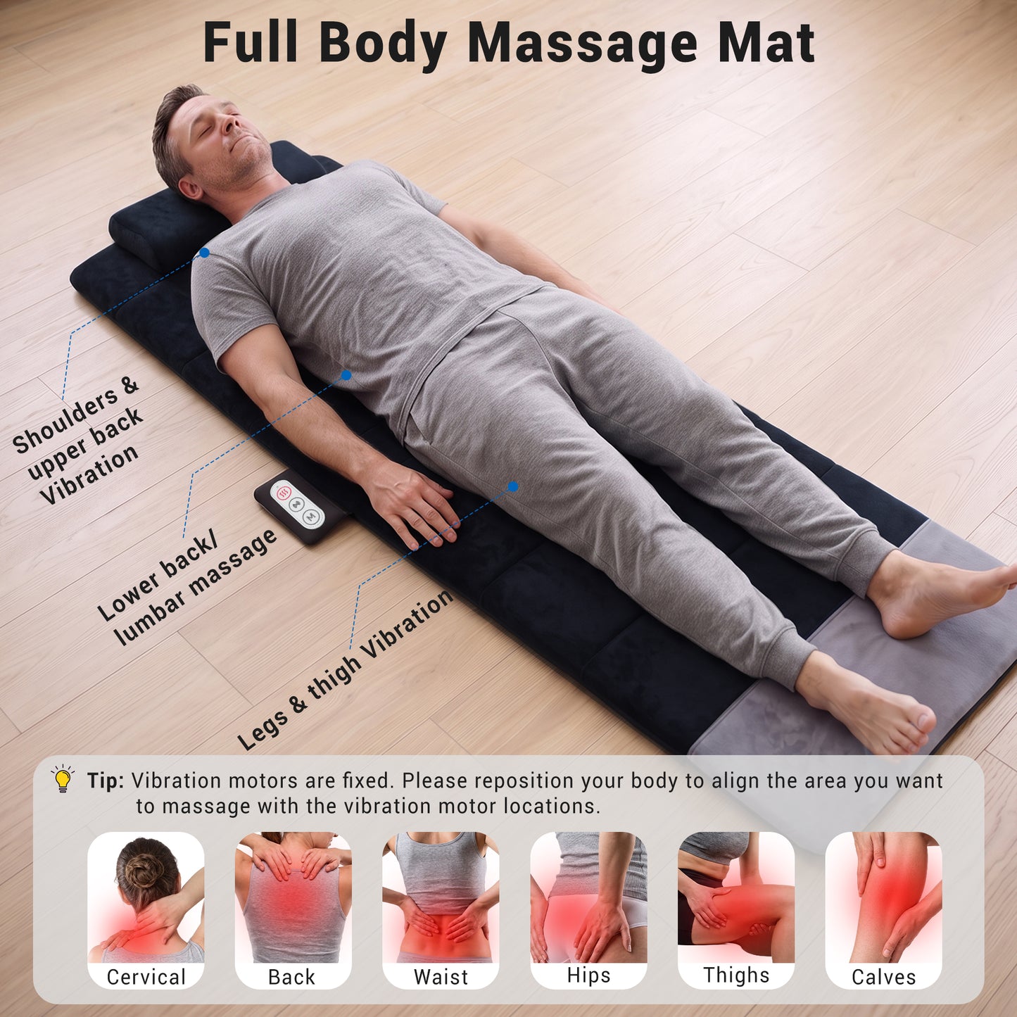 Mynt Full Body Massage Mat with Heat and Vibration, Back Massager Pad with 6 Motors & 2 Heating Levels, Adjustable Neck Pillow, Gifts for Men Women