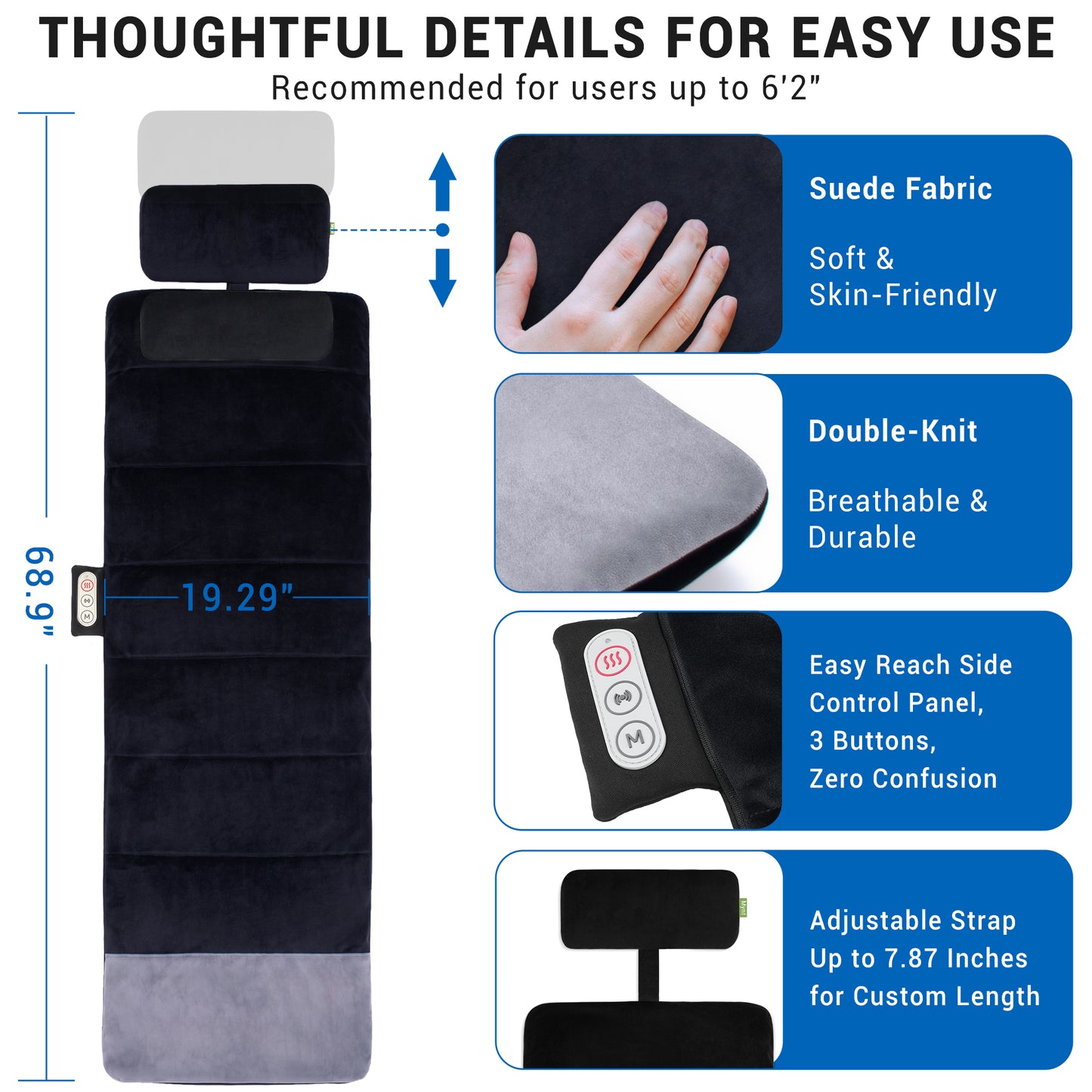 Mynt Full Body Massage Mat with Heat and Vibration, Back Massager Pad with 6 Motors & 2 Heating Levels, Adjustable Neck Pillow, Gifts for Men Women