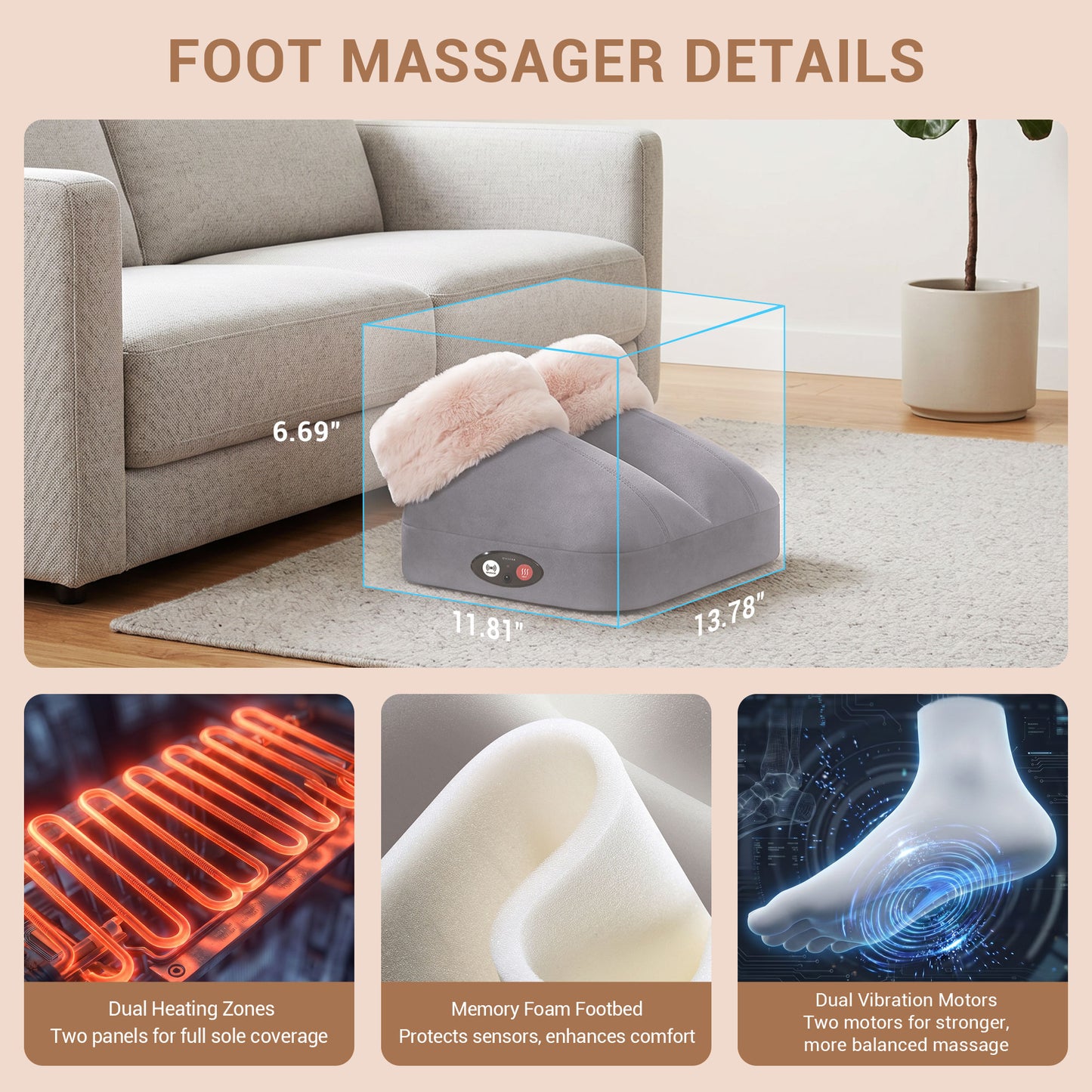 Mynt Foot Massager for Circulation, Foot Warmer with 2 Vibration & 2 Heating, Winter Gift, Gray