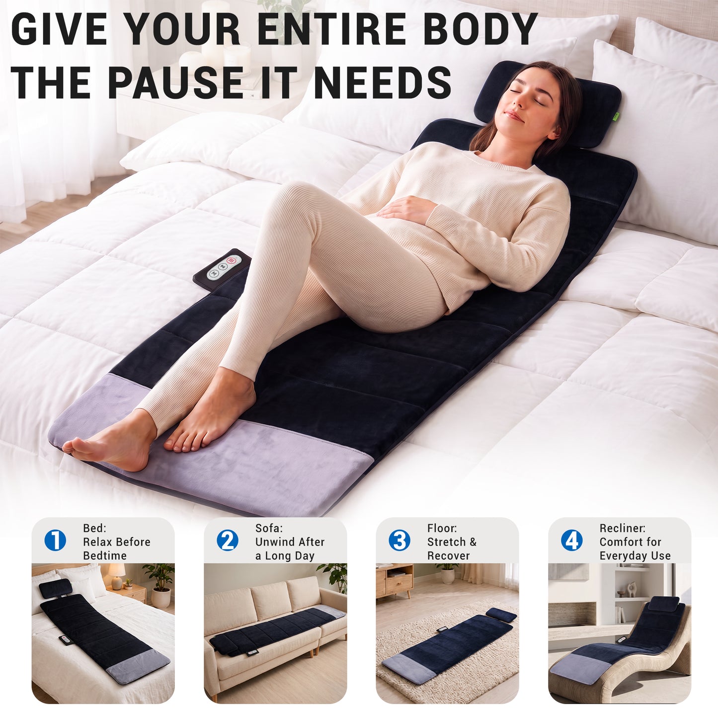 Mynt Full Body Massage Mat with Heat and Vibration, Back Massager Pad with 6 Motors & 2 Heating Levels, Adjustable Neck Pillow, Gifts for Men Women