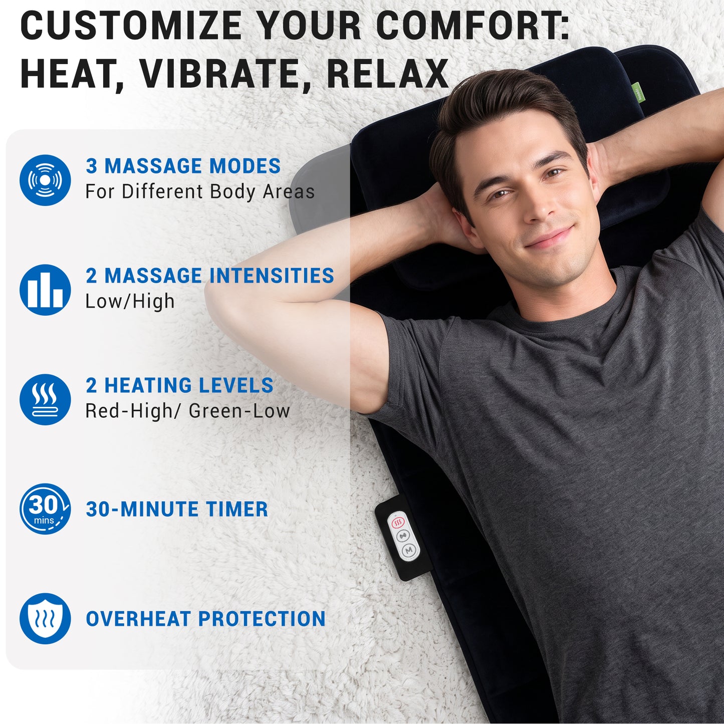 Mynt Full Body Massage Mat with Heat and Vibration, Back Massager Pad with 6 Motors & 2 Heating Levels, Adjustable Neck Pillow, Gifts for Men Women