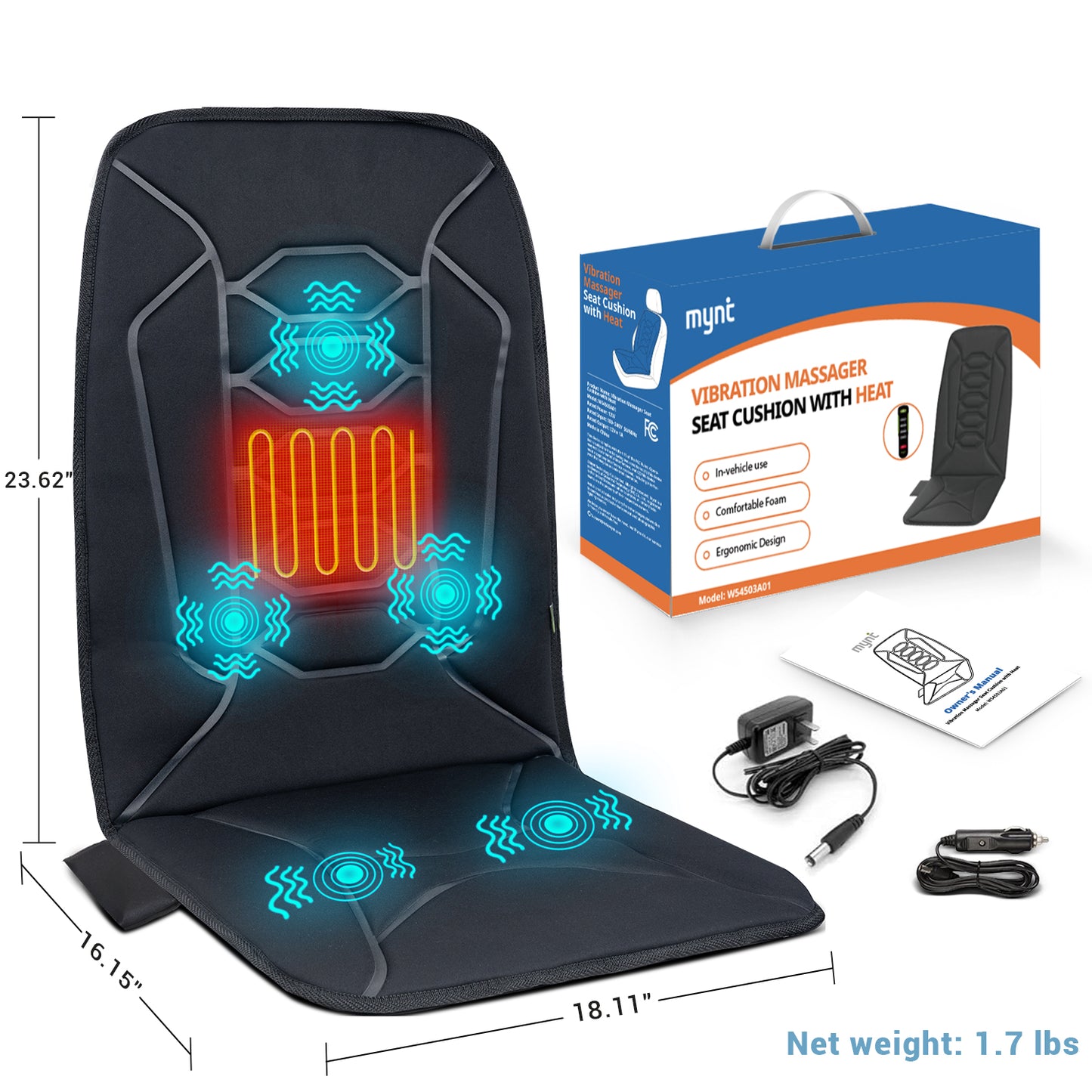 Mynt Vibration Massage Pad with Heat, Back Massager for Car and Chair, Black(DP)